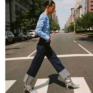 NWT Zara Blue Floral Ruched Puff Sleeve Blouse XS